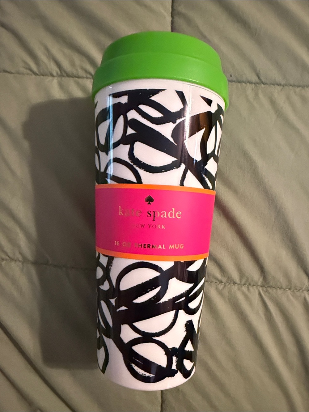 ♠️ kate spade black & white scribble glasses thermal tumbler w/ green lid
